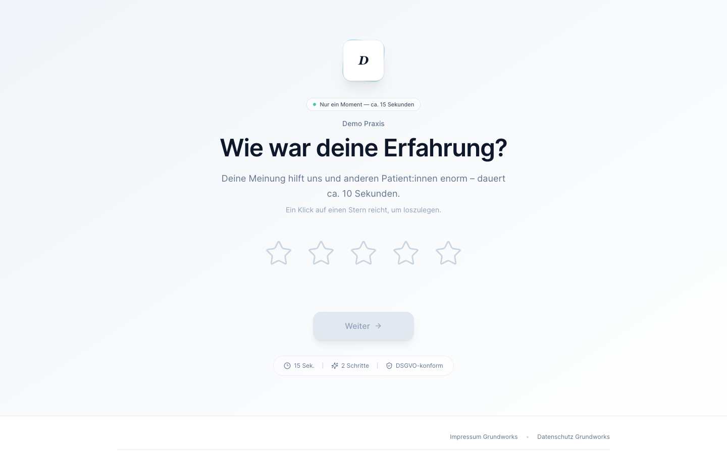 Screenshot der Bewertungs-Abfrage von PhysioDesk aus Patientensicht mit Sterne-Auswahl
