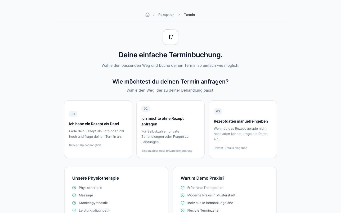 Screenshot der Online-Terminbuchung von PhysioDesk mit Auswahl des Buchungswegs